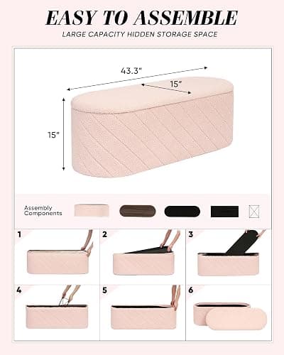 ZOLANOful Storage Ottoman Bench with Tray, 43.3 Inches Oval Ottoman with Storage, Folding Teddy Boucle Foot Rest Stool for Bedroom, Living Room, Entryway, Pink thumbnail 3
