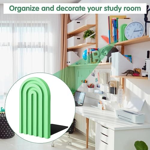 Harloon 4 Pcs Boho Arch Wood Bookends Rainbow Arch Back to School Book Stand Decorative Bookend for Shelves Non Skid Cute Book Stoppers for Heavy Books Home Office Library Kitchen(Green Color) thumbnail 5