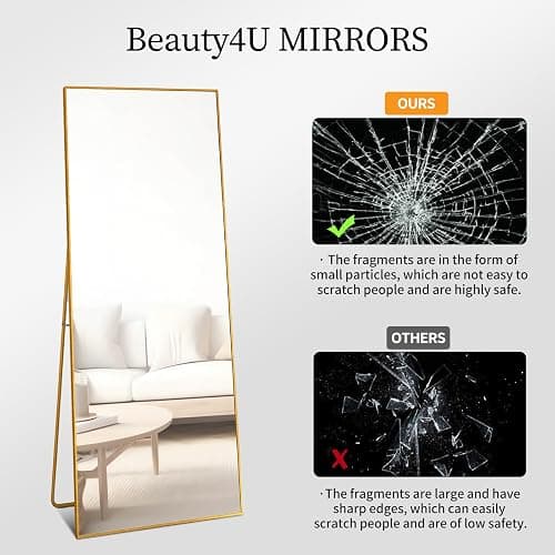 Beauty4U 59" x 16" Tall Full Length Mirror with Stand, Gold Wall Mounting Full Body Mirror, Metal Frame Full-Length Tempered Mirror for Living Room, Bedroom thumbnail 4
