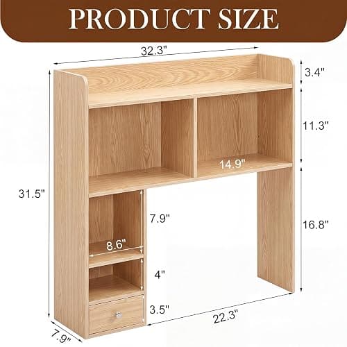 Cinnvoice Natural Desktop Bookshelf Countertop Storage Hutch with Drawer for Computer Desk 5-Tier Display Rack Multipurpose Wood Desktop Hutch Storage Organize for College Dorm Home Office Supply thumbnail 3