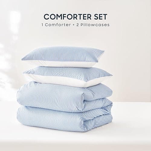 Wake In Cloud - Striped Comforter Set, Ticking Stripe Vertical Pinstripe Neutral Farmhouse Pattern Printed, Soft Lightweight Bedding, 3 Pieces, Blue White, Twin/Twin XL Size thumbnail 2