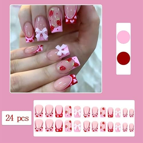 24Pcs Strawberry French Tips Press on Nails Medium Square with Bow-knot Rhinestones Design Strawberry Acrylic Coffin Reusable Fake Nails for Women Girls Fingernails Decoration thumbnail 2