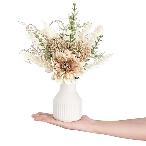 Mkono Fake Flowers in Ceramic Vase, 12.5" Coffee Table Centerpieces, Brown | Table Decor with vase, Small Silk Faux Artificial Flower Arrangements, Fits Bathroom Dining Room Kitchen Home Indoor Decor thumbnail 7