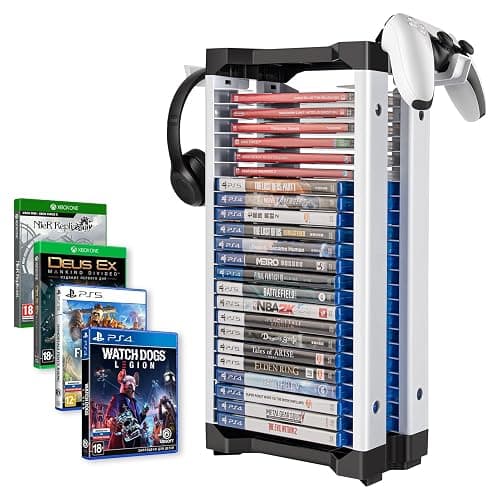 ASFSKY Video Game Storage Tower - 24 Game Holder Stand with 2 Hooks for Controllers Universal Organizer Compatible with PS5, PS4, Xbox, Switch Games (23) - Image 1