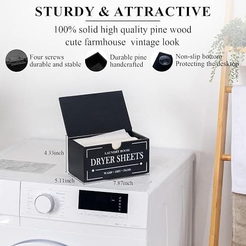 HouseJoy Dryer Sheet Holder-Black Dryer Sheet Container with Lid,Wooden Laundry Room Organization and Storage,Rustic Farmhouse Dryer Sheet Dispenser for Laundry Room Decor,Fabric Softener Containers thumbnail 3