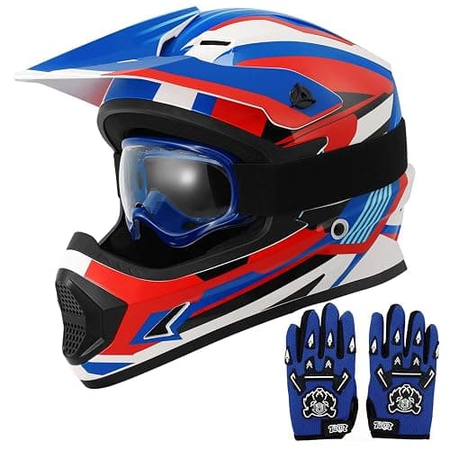 TCT-MOTORPARTS DOT Youth Kids Dirt Bike Full Face Helmets Motocross Motorcycle ATV Offroad Four Wheeler Blue Small Size - Image 1
