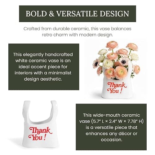 Handmade Ceramic Bag Flower Vase with Red “Thank You” Print | Glossy White Purse Vase for Modern Home Decor, Mantel, Kitchen, Living Room, Table Centerpiece thumbnail 7