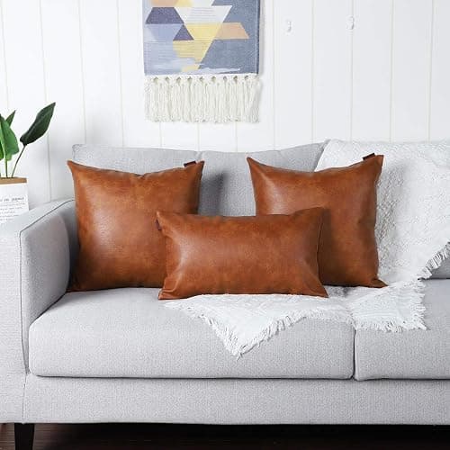 MANDIOO Set of 2 Faux Leather Decorative Throw Pillow Covers Modern Solid Outdoor Cushion Cases Luxury Pillowcases for Couch Sofa Bed 18x18 Inches Brown thumbnail 6