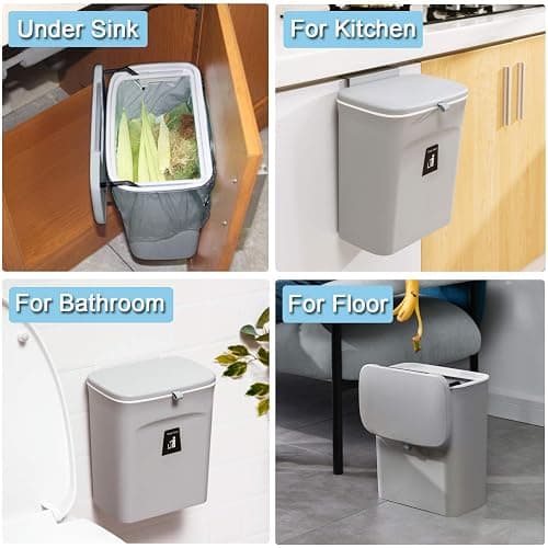 Tiyafuro 2.4 Gallon Kitchen Compost Bin for Counter Top or Under Sink, Hanging Small Trash Can with Lid for Cupboard/Bathroom/Bedroom/Office/Camping, Mountable Indoor Compost Bucket, Gray thumbnail 7