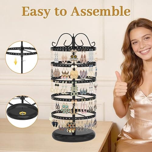 MODOWEY Rotating Earring Holder Organizer Stand, 5 Tier Metal Tree Display for Women Vendors, 220 Holes Adjustable Jewelry rack for Stud Hoop Dangle Storage, Trendy Carousel Keeps Dresser Neat, Black thumbnail 7