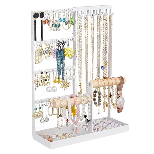 Jewelry Organizer Stand, Jewelry Holder Tree and Storage, Super Large Capacity, 72 Earring Holes, 12 Necklace Hooks, 20 Rings Slot, 2 Bracelet Bars, Assemble Not Required, Size 3.94*9.84*13.78 Inch - Image 1