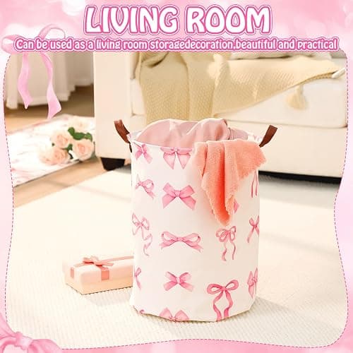 CroBlissful 2 Pcs Coquette Pink Bow Laundry Basket Coquette Storage Basket for Girls Nursery Hamper with Handles Foldable Waterproof Collapsible Storage Bin Organizer for College Dorms Bathroom (Bows) thumbnail 3
