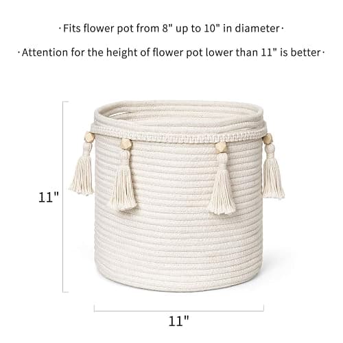 Mkono Macrame Decorative Cotton Rope Basket Boho Cute Woven Tassel Closet Storage Bins Organizer for Nursery,Baby Toys,Magazines, Potted Plants Cover,Living Room,Bedroom,Home Decor 11"x11",Small - s thumbnail 5