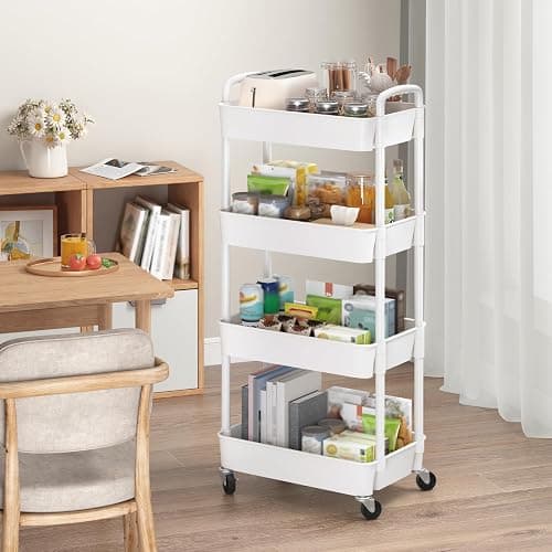 Sywhitta 4-Tier Plastic Rolling Utility Cart with Handle, Multi-Functional Storage Trolley for Office, Living Room, Kitchen, Movable Storage Organizer with Wheels, White thumbnail 2