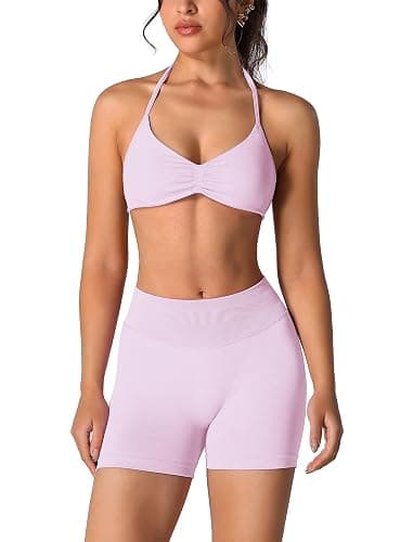 ABOCIW Womens Seamless Workout Sets 2 Piece Strappy Halter Sports Bra Scrunch Butt Shorts Gym Yoga Outfits - Image 1
