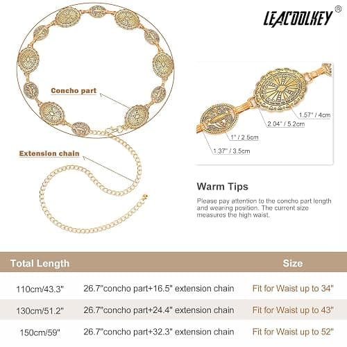 LEACOOLKEY Women Turquoise Concho Chain Waist Belt Silver Western Cowgirl Metal Chain Belt for Dress Adjustable thumbnail 3