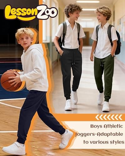 LessonZoo 3 Pack Boy's Sweatpants Kids Joggers Workout Drawstring Teens Athletic Pants Youth Active Trousers with Pockets thumbnail 4