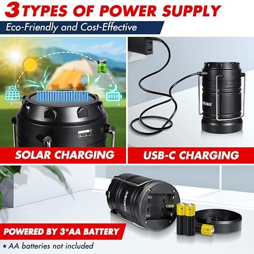 SUBOOS Faroles de camping recargables, lámpara solar y pilas, base magnética, gancho para tienda, accesorios de campamento portátiles para emergencias thumbnail 2