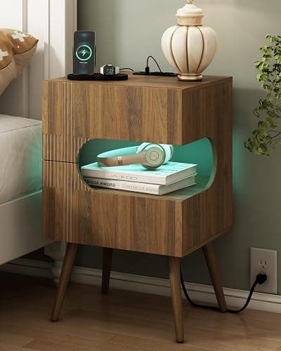 JOONEE Nightstand with Charging Station and LED Lights,Modern Bedside Table with 2 Storage Drawer,Night Stand with Solid Wood Legs,White (Walnut Brown) - Image 1