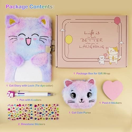 PJDRLLC Cat Diary with Lock, Gift for 6 7 8 Year Old Girl, Secret Diary Journal Notebook with Coin Purse, Multicolored Pen, Post-it Note, Stickers, Practical Gift for Birthday (A Happy Cat) thumbnail 5
