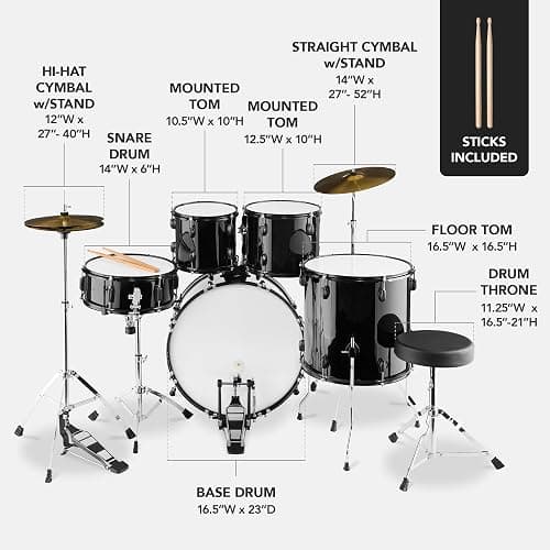 Best Choice Products 5-Piece Full Size Complete Adult Drum Set w/Cymbal Stands, Stool, Drum Pedal, Sticks, Floor Tom - Black thumbnail 2