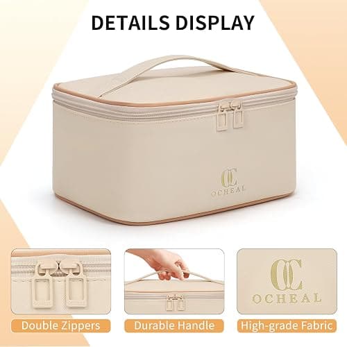 OCHEAL Beige Makeup Bag,Travel Makeup Organizer Bag, Large Capacity Cosmetic Bags For Women Large Travel Toiletry Bag Girls Traveling With Brush Slot And Divider-White thumbnail 6