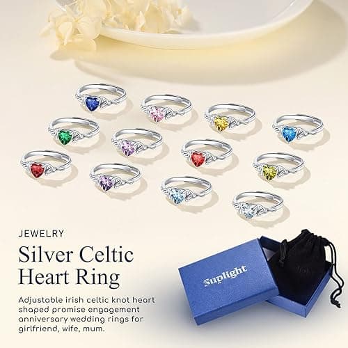 925 Sterling Silver Good Luck Celtic Twisted Knot/Claddagh Heart Birthstone Ring, Thin Delicate Adjustable Promise Engagement Ring Irish Jewelry for Women - style a. 03. March(Aquamarine) thumbnail 5
