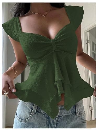 RoseSeek Women's Flowy Going Out Tank Top Sweetheart Neck Cap Sleeve Summer Ruffle Elegant Crop Tops thumbnail 5
