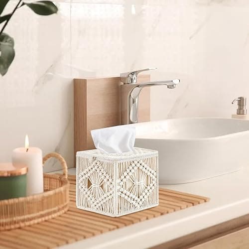 MEETOZ Tissue Box Cover Square, Woven Macrame Napkin Facial Paper Organizer, Boho Decor Tissues Holder for Bathroom Bedroom Dresser Living Room Office thumbnail 2