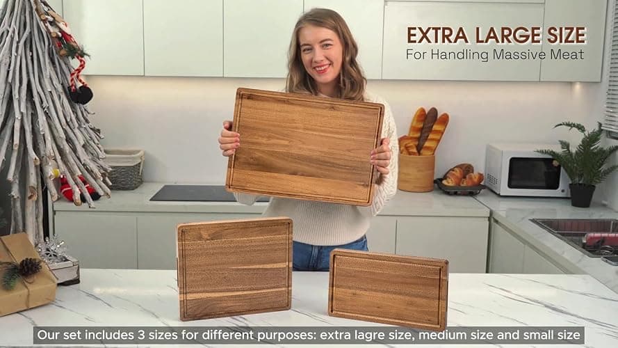 KOLWOVEN Wood Cutting Boards for Kitchen - Set of 3, Wooden Cutting Board Set with Holder for Chopping Meat, Cheese, Fruits, Vegetables, Knife Friendly Serving Tray thumbnail 5