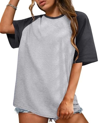 Remidoo Womens Short Sleeve Oversized T Shirt Color Block Crew Neck Casual Tee Tops - Image 1