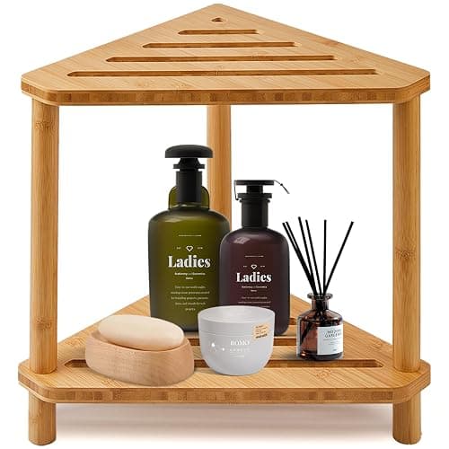 Bamboo Corner Shower Stool,2-Tier Waterproof Shower Stool for Inside Shower Shaving Leg,Small Spaces,Shower Foot Rest with Storage Shelf,Shower Bench,Bath Seat,Corner Nightstand gift for women mom - Image 1