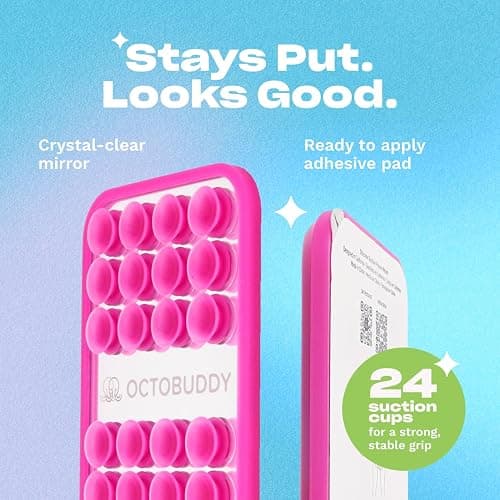 OCTOBUDDY Mirror - OG Suction Cup Phone Mount - Silicone Suction Grip Mobile Holder with Built-in Mirror - Hands-Free Selfies and Videos - Content Creator Accesory - 2.6″ x 3.9″, Hot Pink thumbnail 4