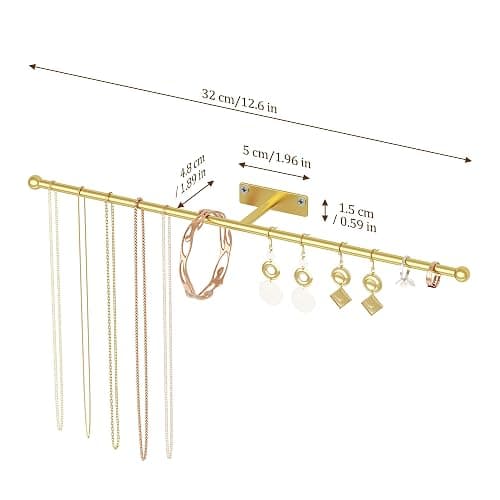 Josmimic Wall Hanging Jewelry Organizer: 12.6'' Necklace Holder for Earring, Bracelet, Rings, Hairband, Glasses, Gold 2-Pack, Screws Included thumbnail 3