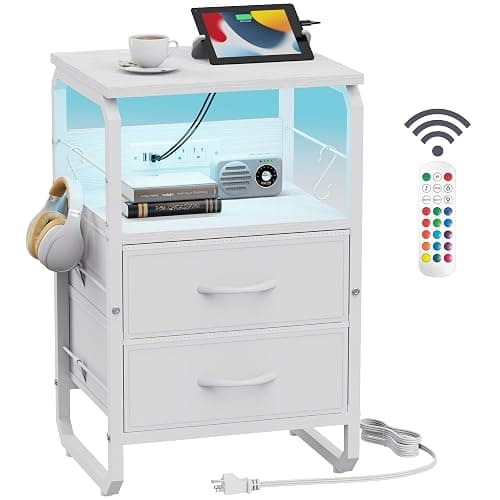 runjuly Night Stand with Charging Station, Bedside Table with Drawers, AC Outlets & USB C Ports, Bedroom Nightstand with Hooks, Metal End Table for Bedroom, Office, Dorm (White) - Image 1