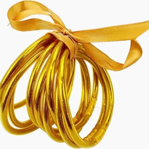 SIXAOAZZ Metallic Gold Silicone Bangle Bracelet Set - 9 Pack Soft Touch Stretch Bracelets for Women - Hypoallergenic Lightweight Accessories for Gym, Office & Everyday Wear thumbnail 5