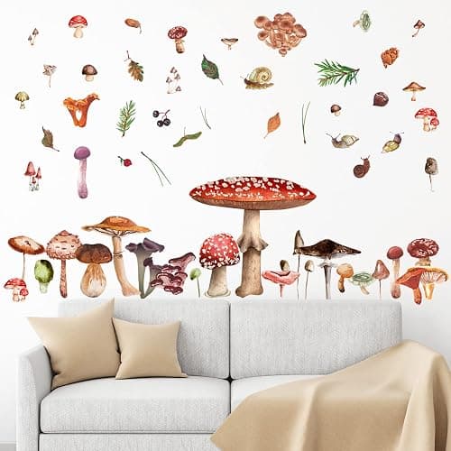 Glenmal 72 Pcs Watercolor Mushroom Wall Decals Giant Mushroom Decal Walls Peel and Stick Removable Decor Wallpaper Vinyl Sticker for Bedroom Furniture(Retro Style) thumbnail 5