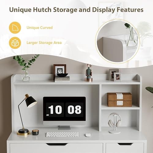 MaverickFurni White Desk with Hutch and Drawers, 53 Inch Computer Desk with Storage File Drawer, White Study Desk with 4 Drawers for Bedroom, Small Space thumbnail 4
