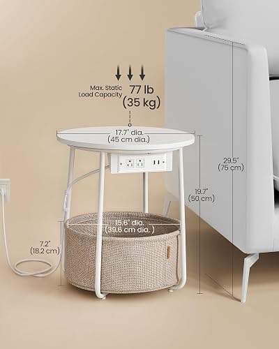 VASAGLE LILEA Collection - Side Table with Charging Station, Round End Table with Fabric Basket, Nightstand with USB Ports, for Living Room, Bedroom, Modern, Matte White and Camel Brown ULET228W01 thumbnail 2