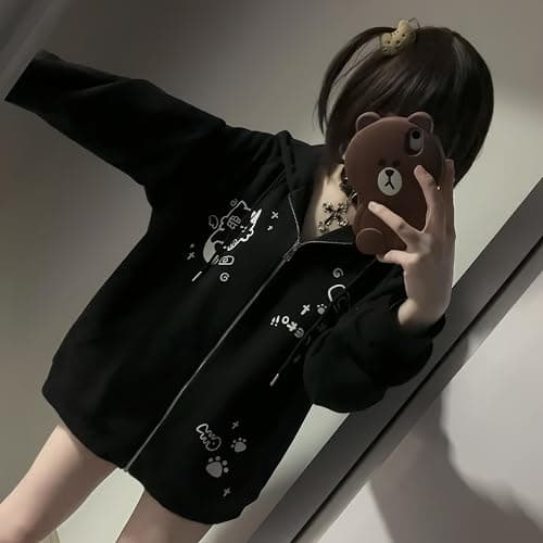 Dynict Womens Y2K Zip Up Cute Graphic Hoodies Cat Ears Casual Cartoon Harajuku Kawaii Clothes Oversize Streetwear Jacket thumbnail 5