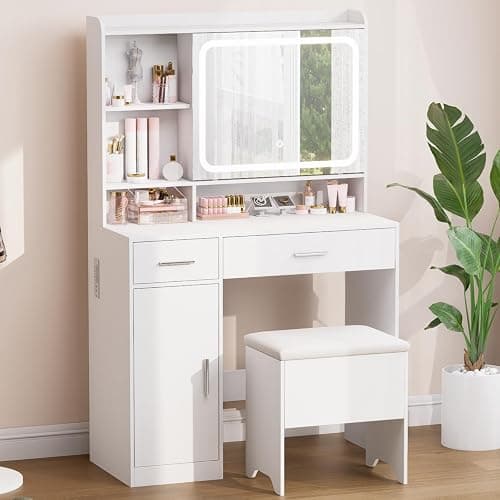Hogxp Vanity Desk with Sliding Mirror & Power Outlets - Dimmable LED Lighting, 4 Open Shelves, 2 Drawers, 1Storage Cabinet & Padded Stool - Ideal Bedroom Makeup Dressing Table （White） thumbnail 2