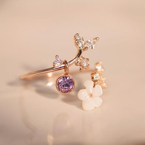 JALZEMPL Birthstone Flower Rings For Women Non Tarnish Gemstone Cubic Zirconia Mother of Pearl Adjustable Size 7-11 Silver Rose 14K Gold Plated Birth Jewelry Gift For Birthday thumbnail 4