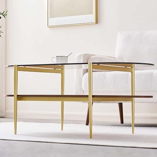 LumFurn Oval Glass Coffee Table, Mid-Century Modern Design, L41 x W21 x H17 inch, for Living Room, 2-Tier Structure, Amber Glass Top and Walnut Finish Wood Shelf, Conical Legs with Gold Finish Frame thumbnail 5