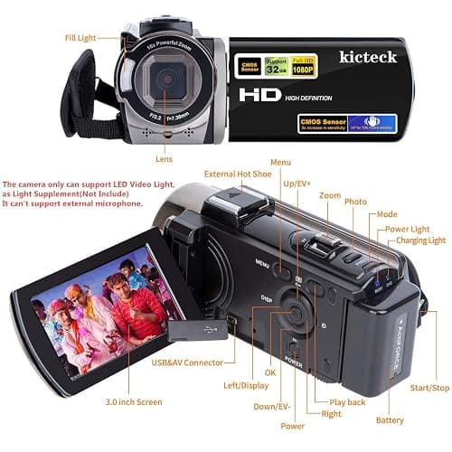 kicteck Video Camera Camcorder Digital Camera Recorder Full HD 1080P 15FPS 24MP 3.0 Inch 270 Degree Rotation LCD 16X Zoom Camcorder with 2 Batteries(604s) thumbnail 2