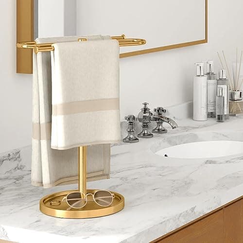 Bathroom Hand Towel Holder Stand Gold, S-Shape Countertop Towel Standing, Stainless Steel Towel Rack Bar Holds 2 Towels for Kitchen thumbnail 2
