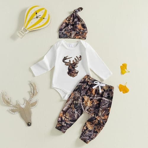 DSOKUHIB Newborn Baby Boy Hunting Outfit Deer Mallard Duck Romper Jungle Camo Pants Set Hat 3 Piece Fall Winter Clothes thumbnail 3