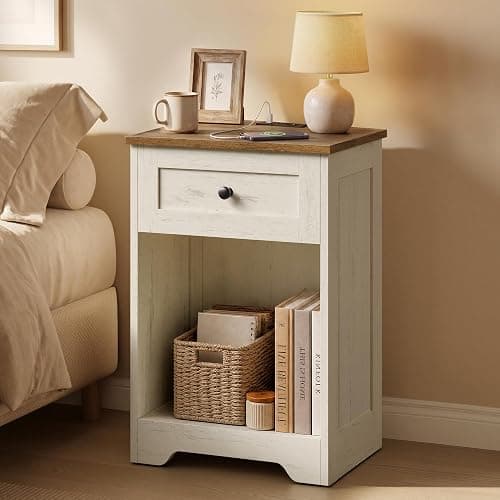 VASAGLE Nightstand with Charging Station, 1 Drawer and Open Shelf | Wood End Table, 15.7 x 11.8 x 23.2 in, Rustic White and Honey Brown, Bedroom and Living Room, SIREN Collection ULET628WJ01S - Image 1