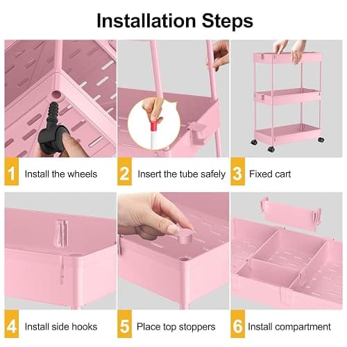 SPACELEAD 3 Tier Rolling Cart with Wheels, Storage Craft Art Trolley Organizer Serving, 3 Hanging Baskets Easy Assembly, for Office, Living Room, Kitchen, Pink thumbnail 3