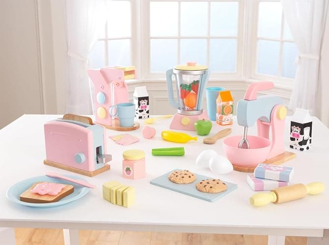 KidKraft Set Tostapane Giocattolo Pastello in Legno, Set Mini Elettrodomestici con Cibo Giocattolo per Cucina per Bambini, Accessori Cucina Bambini, 63374 thumbnail 4