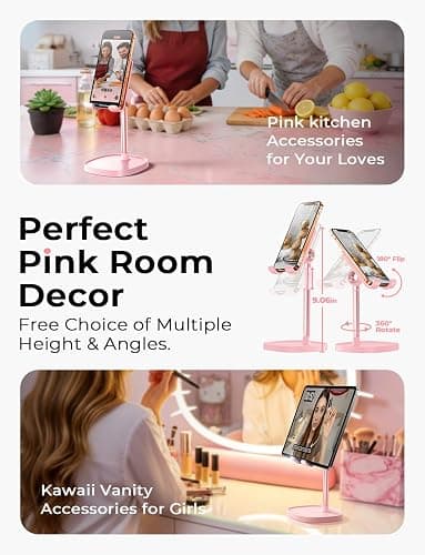 LISEN Pink Vanity Girls Room Decor Kitchen Accessories, Cute Pink Cell Phone Stand Bathroom Living Room Essentials Decor Offices Desk Accessories for iPad mini Phone Holder 4-10 in thumbnail 2